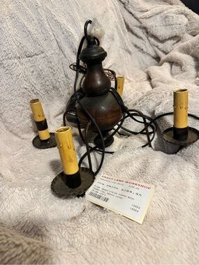 Wooden Four-Arm Hanging Lantern. Cherry finish with Candle Sleeves